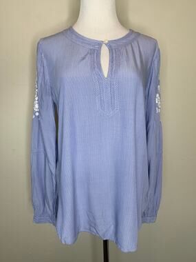 Loft Blue Striped Tunic Top White Floral Embroidery on Sleeves Sz Small